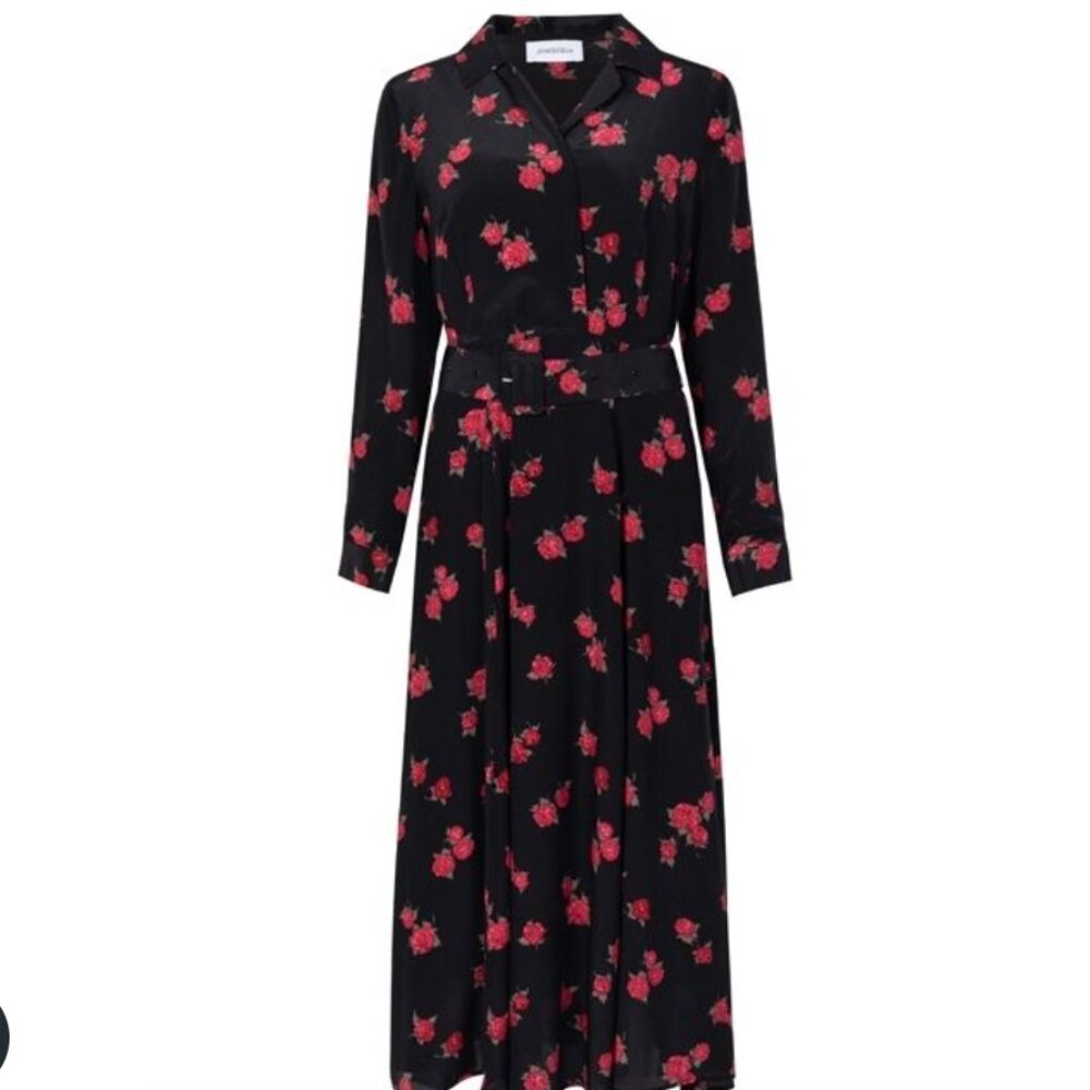 JENESEQUA Bastia Roses Floral Black red Dress Mulberry Silk collared shirt dress - Picture 16 of 16
